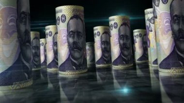 Romen Lei dönüşü 3D animasyon. Masada para var. Romanya 'da ekonomi, finans, ticaret ve durgunluk gibi kusursuz ve döngüsüz bir kavram. RON ile banknotlar arasındaki kamera.