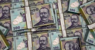 Romen Lei 3D animasyonu finanse ediyor. Kamera görüntüsü şehirlerarası. RON para paketleri. Romanya 'da enflasyon, ekonomi, kriz, iş, bankacılık, borç ve finans kavramı.