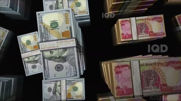 Amerikaanse Dollar Irak Dinar Geld Wisselen Bankbiljetten Pakken Bundel Begrip — Stockvideo