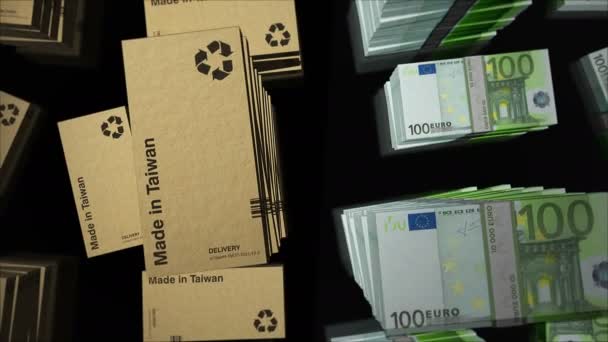Made Taiwan Box Line Euro Peníze Svazek Stohy Vývoz Obchod — Stock video