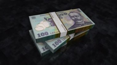 Romanya Lei para yığını. Romanya 'da ekonomi, bankacılık, işletme, kriz, durgunluk, borç ve finans konularının kavramları. 100 RON banknotları 3D animasyon yığınları.