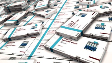 Covid-19 aşı artırıcı doz paketi üretimi. Coronavirus sars-cov-2 aşı paketleri. Şırıngaların olduğu bir kutu. Soyut konsept 3d illüstrasyon.