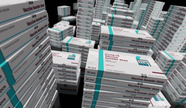 Covid-19 aşı artırıcı doz paketi üretimi. Coronavirus sars-cov-2 aşı paketleri. Şırıngaların olduğu bir kutu. Soyut konsept 3d illüstrasyon.