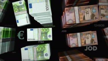 Euro ve Jordan Dinar para değişimi. Kağıt banknotlar tomar tomar. Ticaret, ekonomi, rekabet, kriz, bankacılık ve finans kavramı. Döngüsüz 3D canlandırma notaları.