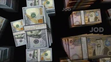 American Dollar ve Jordan Dinar para değişimi. Banknotlar tomar tomar. Ticaret, ekonomi, rekabet, kriz, bankacılık ve finans kavramı. Döngüsüz 3D notalar.