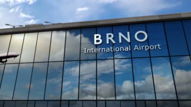 Brno 'ya inen uçak, Çek 3 boyutlu animasyon. Cam havaalanı terminali ve jet uçağının yansımasıyla şehre vardık. Seyahat, iş, turizm ve ulaşım kavramı.