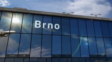 Brno 'ya inen uçak, Çek 3 boyutlu animasyon. Cam havaalanı terminali ve jet uçağının yansımasıyla şehre vardık. Seyahat, iş, turizm ve ulaşım kavramı.