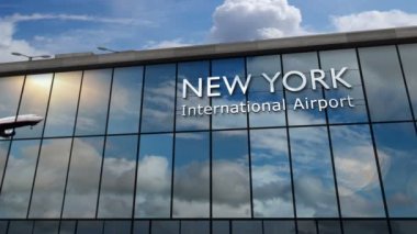 New York, ABD 3D 'ye inen uçak animasyon yapıyor. Cam havaalanı terminali ve jet uçağının yansımasıyla şehre vardık. Seyahat, iş, turizm ve ulaşım kavramı.