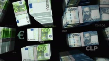 Euro ve Şili Peso para değişimi. Kağıt banknotlar tomar tomar. Ticaret, ekonomi, rekabet, kriz, bankacılık ve finans kavramı. Döngüsüz 3D canlandırma notaları.