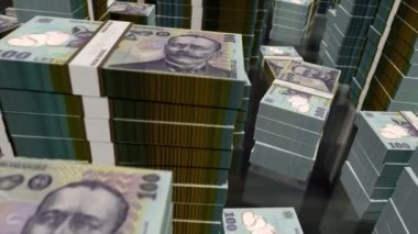 Romen Lei para paketleri döngüsü. RON banknotları üzerinde 3D uçuş kuleleri istifler. Romanya 'da iş dünyası, ekonomi krizi ve finansman konsepti.