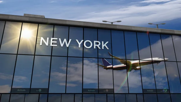 Vliegtuigen Landen New York Usa Weergave Illustratie Aankomst Stad Met — Stockfoto