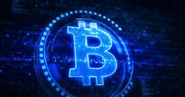 Bitcoin engelleme kripto para birimi ve dijital para sembolü dijital konsept. Ağ, siber teknoloji ve bilgisayar arkaplanı soyut 3d canlandırması.