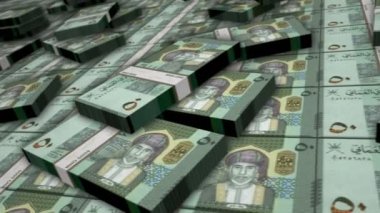 Umman Rial banknot döngüsü. OMR para yığınları. İş, ekonomi, bankacılık ve finans kavramı. Para paketlerinin üzerinde kamera var. Döngüsüz 3D canlandırma.