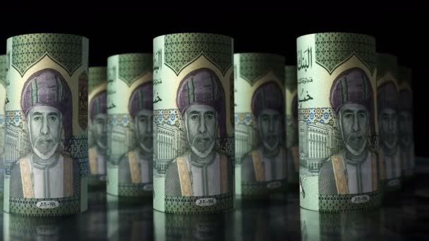 阿曼Rial Money Roll Loop Animation 摄像头在Omr滚动式钞票前移动无缝隙的经济 商业和债务概念 — 图库视频影像