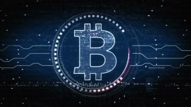 Bitcoin engelleme zinciri kripto para birimi ve dijital para sembolü soyut dijital kavram. Ağ, siber teknoloji ve bilgisayar arkaplanı kusursuz ve döngülü animasyon.