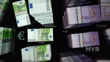 Euro ve Malezya Ringgit para değişimi. Kağıt banknotlar tomar tomar. Ticaret, ekonomi, rekabet, kriz, bankacılık ve finans kavramı. Döngüsüz 3D canlandırma notaları.