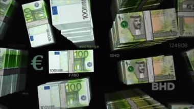 Euro ve Bahreyn Dinar para değişimi. Kağıt banknotlar tomar tomar. Ticaret, ekonomi, rekabet, kriz, bankacılık ve finans kavramı. Döngüsüz 3D canlandırma notaları.
