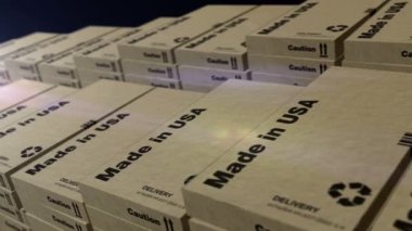 ABD yapımı kutu üretim hattı. Üretim ve teslimat. Ürün fabrikası, ithalat ve ihracat. Soyut kavram 3d biçimlendirilebilir döngüsüz canlandırma.