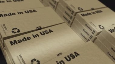 ABD yapımı kutu üretim hattı. Üretim ve teslimat. Ürün fabrikası, ithalat ve ihracat. Soyut kavram 3d biçimlendirilebilir döngüsüz canlandırma.