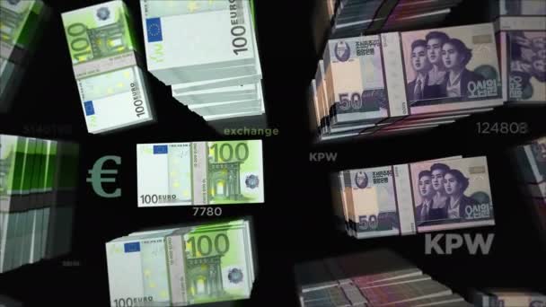 Euro Noord Korea Wonnen Geld Wisselen Papieren Bankbiljetten Pakken Bundel — Stockvideo