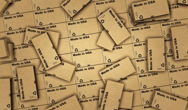 ABD yapımı kutu üretim hattı. Üretim ve teslimat. Ürün fabrikası, ithalat ve ihracat. Soyut konsept 3D resimleme.