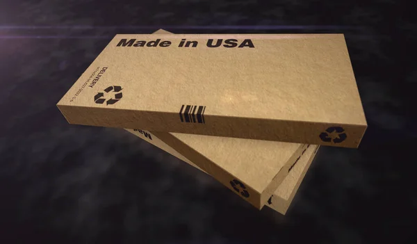 米国製のボックス生産ライン 製造と配送 製品工場 輸入と輸出 アブストラクトコンセプト3Dレンダリングイラスト — ストック写真