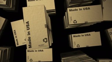 ABD yapımı kutu üretim hattı. Üretim ve teslimat. Ürün fabrikası, ithalat ve ihracat. Soyut kavram 3d biçimlendirilebilir döngüsüz canlandırma.