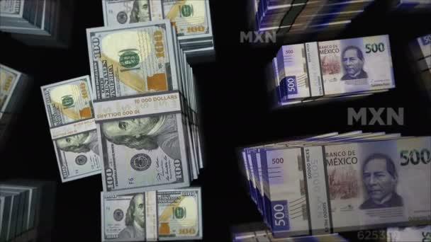 Amerikaanse Dollar Mexicaanse Peso Geld Wisselen Bankbiljetten Pakken Bundel Begrip — Stockvideo