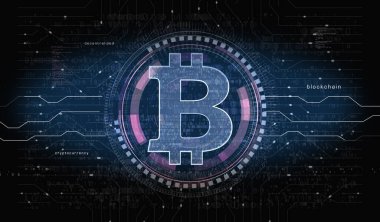 Bitcoin engelleme kripto para birimi ve dijital para sembolü dijital konsept. Ağ, siber teknoloji ve bilgisayar arkaplanı soyut 3D resimleme.