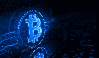 Bitcoin engelleme kripto para birimi ve dijital para sembolü dijital konsept. Ağ, siber teknoloji ve bilgisayar arkaplanı soyut 3D resimleme.
