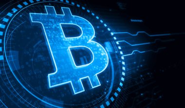 Bitcoin engelleme kripto para birimi ve dijital para sembolü dijital konsept. Ağ, siber teknoloji ve bilgisayar arkaplanı soyut 3D resimleme.