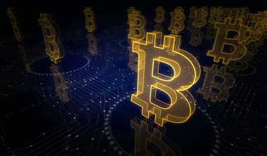 Bitcoin engelleme kripto para birimi ve dijital para sembolü dijital konsept. Ağ, siber teknoloji ve bilgisayar arkaplanı soyut 3D resimleme.
