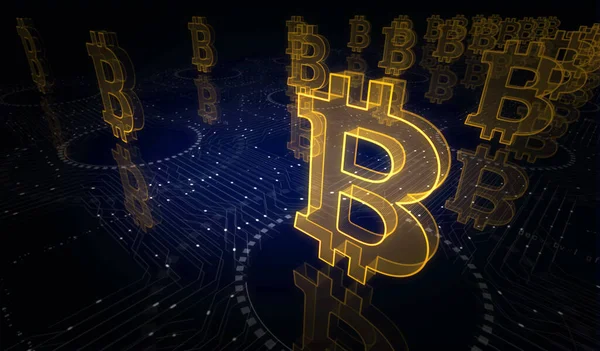 Bitcoin engelleme kripto para birimi ve dijital para sembolü dijital konsept. Ağ, siber teknoloji ve bilgisayar arkaplanı soyut 3D resimleme.
