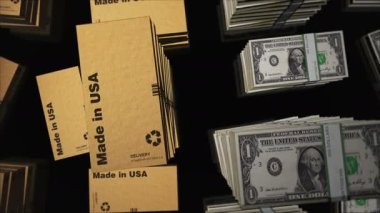 Amerikan para desteleri ile ABD 'de kutu hattında üretildi. İhracat, ticaret, dağıtım, üretim, nakliyat, iş ve ithalat. Soyut konsept 3D döngüsüz dikişsiz animasyon.