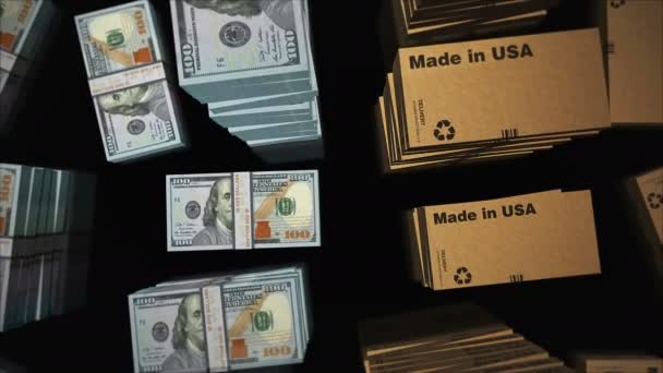 Tillverkad Usa Box Linje Med Dollar Pengar Bunt Stackar Export — Stockvideo