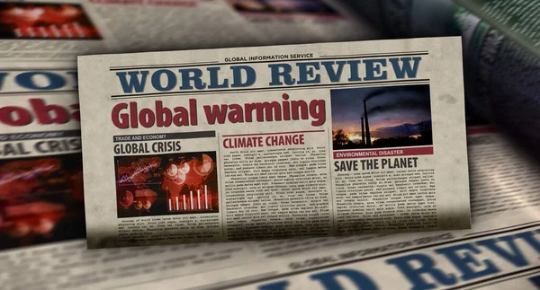 全球变暖 气候变化 生态危机和环境灾难 报纸印刷 古今出版社的抽象概念 还原3D渲染说明 — 图库照片