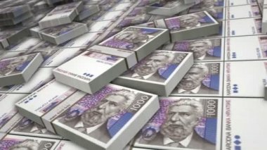 Hırvatistan Kuna banknot döngüsü. HRK para yığınları. İş, ekonomi, bankacılık ve finans kavramı. Para paketlerinin üzerinde kamera var. Döngüsüz 3D canlandırma.