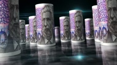 Hırvatistan Kuna, 3D döngü animasyonu yapıyor. Masada para var. Kusursuz ve döngüsüz soyut ekonomi, finans, iş ve durgunluk kavramı. HRK arasındaki kamera banknotları yuvarladı.
