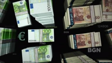 Euro ve Bulgaristan Lev para değişimi yapıyor. Kağıt banknotlar tomar tomar. Ticaret, ekonomi, rekabet, kriz, bankacılık ve finans kavramı. Döngüsüz 3D canlandırma notaları.