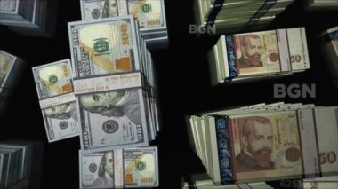 American Dollar ve Bulgaristan Lev para değişimi. Banknotlar tomar tomar. Ticaret, ekonomi, rekabet, kriz, bankacılık ve finans kavramı. Döngüsüz 3D notalar.