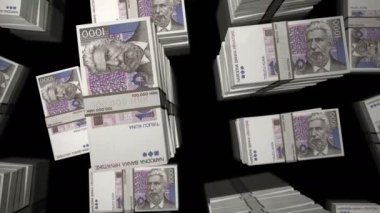 Hırvatistan Kuna para paketi döngüsü. HRK banknotları üzerindeki uçuş üst görünümü destekler. Üç boyutlu, kusursuz bir animasyon. Ekonomi, kriz, iş ve finans konsepti.