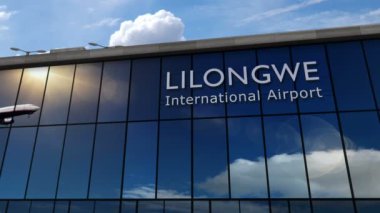 Lilongwe, Malawi 3D 'ye inen uçak animasyonu yapıyor. Cam havaalanı terminali ve jet uçağının yansımasıyla şehre vardık. Seyahat, iş, turizm ve ulaşım kavramı.