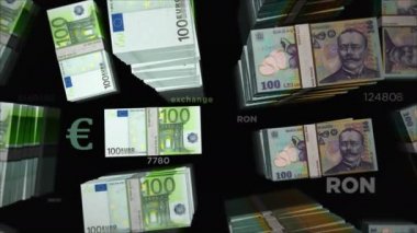 Euro ve Romania Lei para değişimi. Kağıt banknotlar tomar tomar. Ticaret, ekonomi, rekabet, kriz, bankacılık ve finans kavramı. Döngüsüz 3D canlandırma notaları.