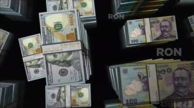 American Dollar ve Romania Lei para değişimi. Banknotlar tomar tomar. Ticaret, ekonomi, rekabet, kriz, bankacılık ve finans kavramı. Döngüsüz 3D notalar.