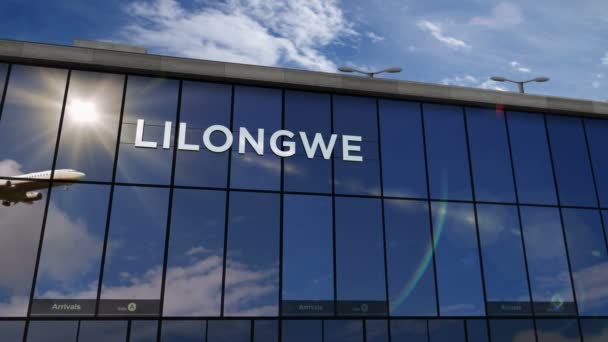 Repülőgép Landolás Lilongwe Malawi Renderelés Animáció Érkezés Városba Üveg Repülőtér — Stock videók