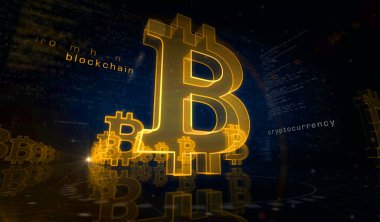 Bitcoin engelleme kripto para birimi ve dijital para sembolü dijital konsept. Ağ, siber teknoloji ve bilgisayar arkaplanı soyut 3D resimleme.