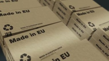 AB üretim bandında üretildi. Üretim ve teslimat. Ürün fabrikası, ithalat ve ihracat. Soyut kavram 3d biçimlendirilebilir döngüsüz canlandırma.