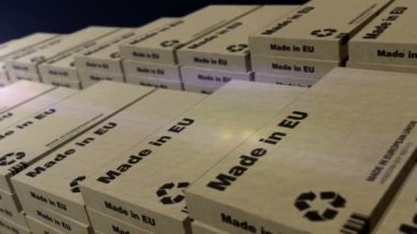 AB üretim bandında üretildi. Üretim ve teslimat. Ürün fabrikası, ithalat ve ihracat. Soyut kavram 3d biçimlendirilebilir döngüsüz canlandırma.