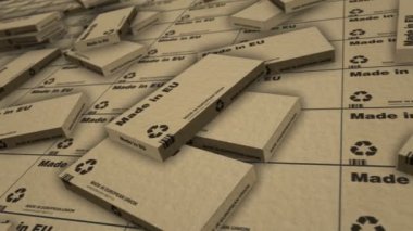 AB üretim bandında üretildi. Üretim ve teslimat. Ürün fabrikası, ithalat ve ihracat. Soyut kavram 3d biçimlendirilebilir döngüsüz canlandırma.