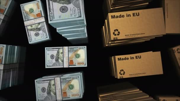 Gemaakt Box Line Met Dollar Geld Bundel Stapels Export Handel — Stockvideo